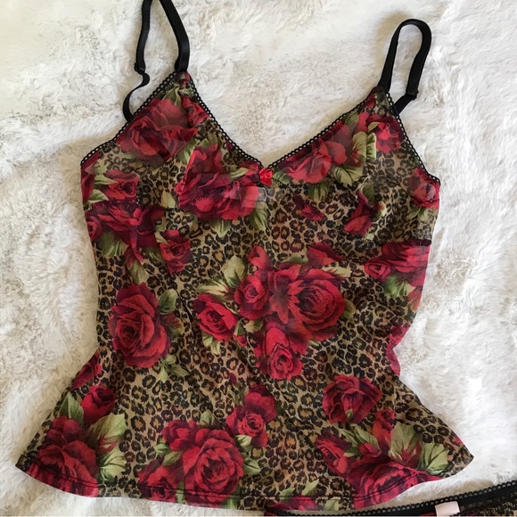 RARE SET Victoria’s‎ Secret Y2K Red Rose Animal Print Mesh Cami/Panty 2pc NWOT - Picture 2 of 10
